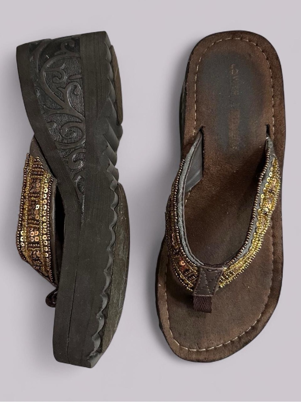 Y2K Brown Beaded Sequin Platform Flip Flops